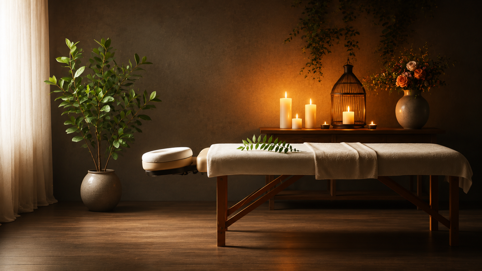 Candlelit spa study with botanicals